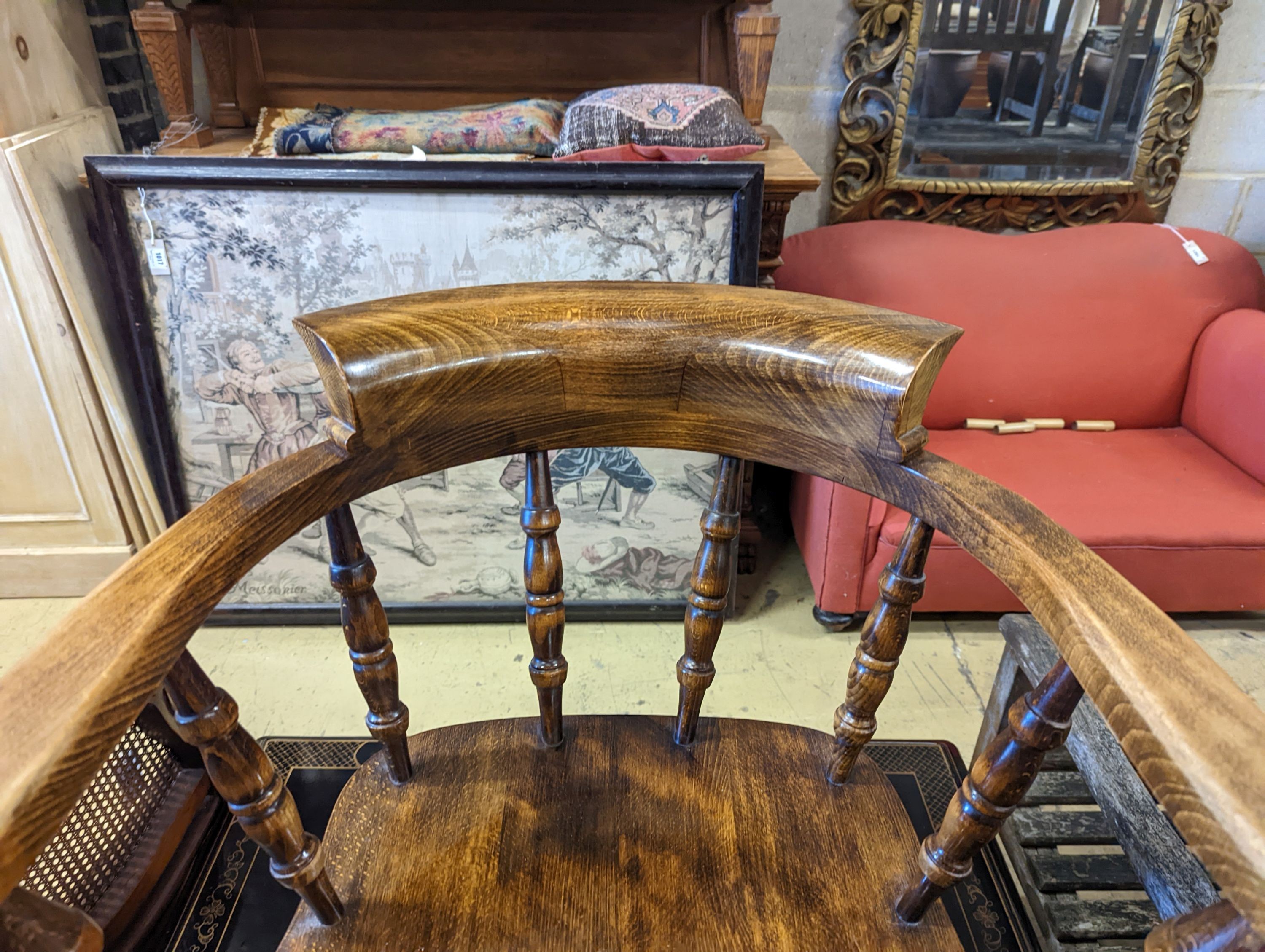 A Victorian style beech smoker's bow chair, width 63cm, depth 45cm, height 80cm